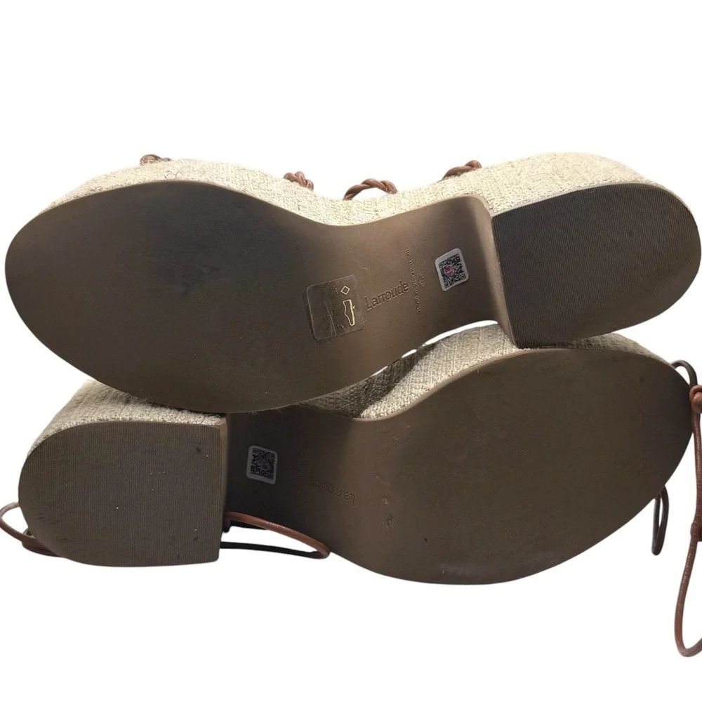 NWOT Larroude Coco Platform Sandal In Raffia & Caramel Leather Summer Travel 9.5
